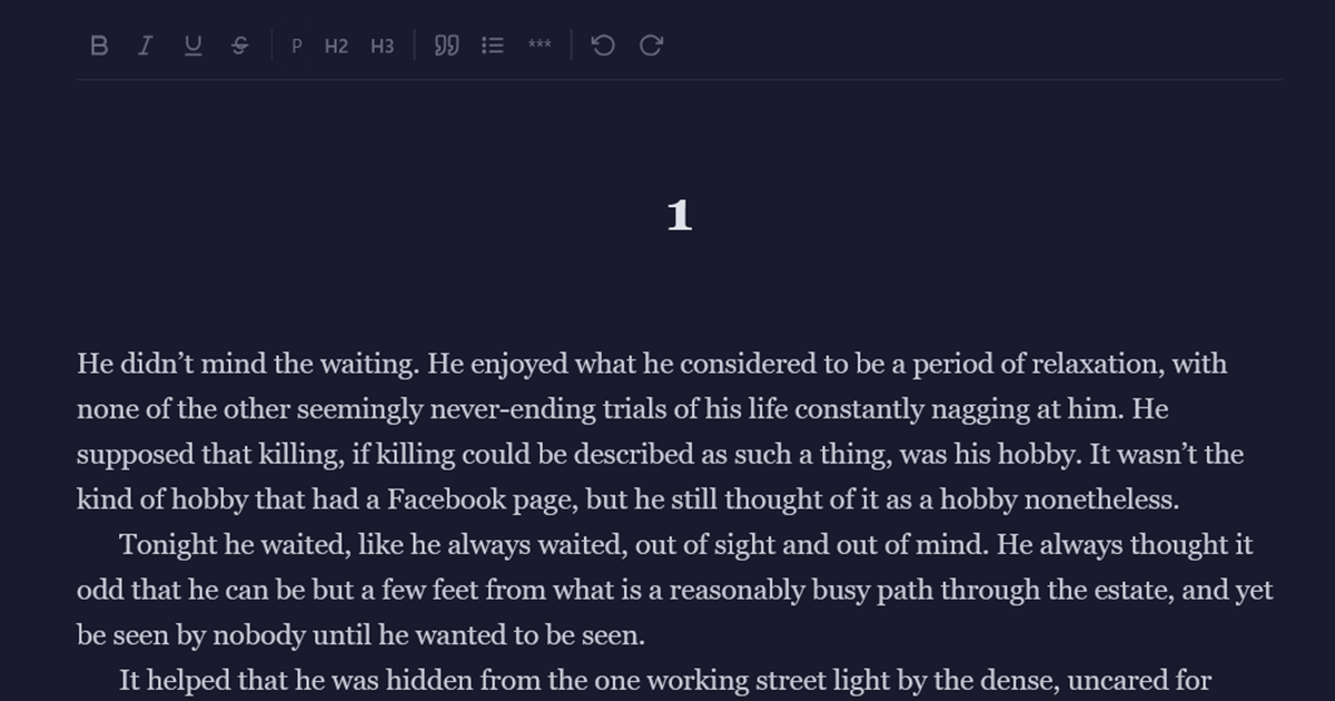 Rule of Words editor in dark focus mode
